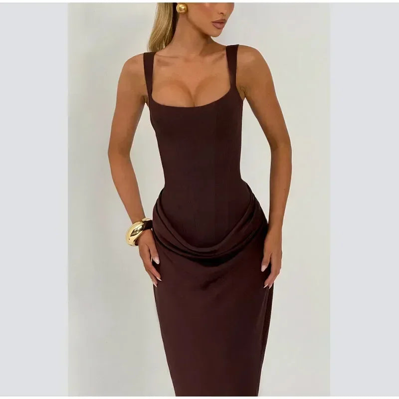 Sexy Square-neck Halter Long Dress Women 2025 Pleated Sleeveless Backless High Waist Bodycon Dresses New Summer Lady Party Gowns