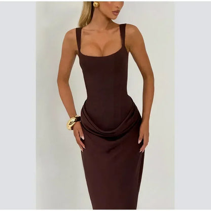 Sexy Square-neck Halter Long Dress Women 2025 Pleated Sleeveless Backless High Waist Bodycon Dresses New Summer Lady Party Gowns