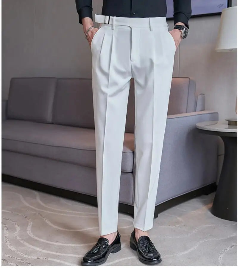 Pure Color Male Business Wedding Dress Pants Fashion Unique Design Men Waist Adjustable Suit Pant No Belt Slim Trousers Homme
