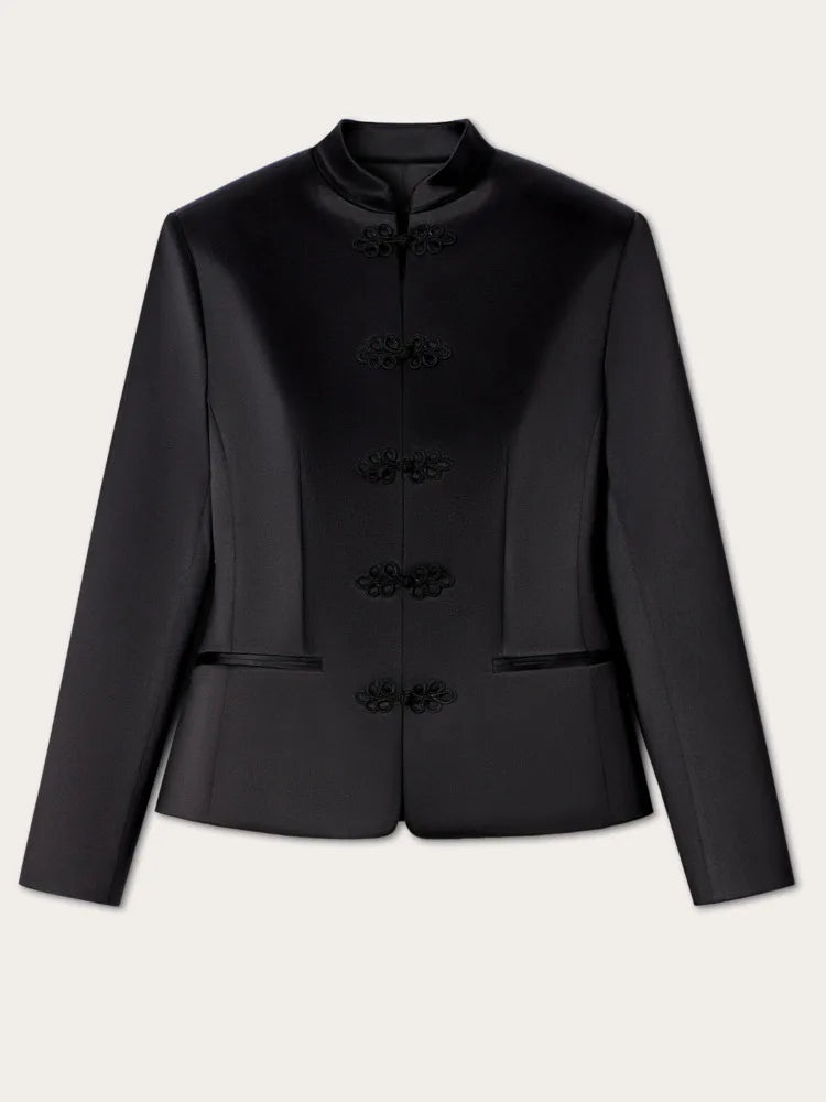 Women's Spring Summer Satin Mandarin Collar Knot Button Blazer Chic Formal Casual Wear 2026 Trendy Feminine Fashion Coat