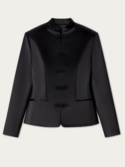 Women's Spring Summer Satin Mandarin Collar Knot Button Blazer Chic Formal Casual Wear 2026 Trendy Feminine Fashion Coat