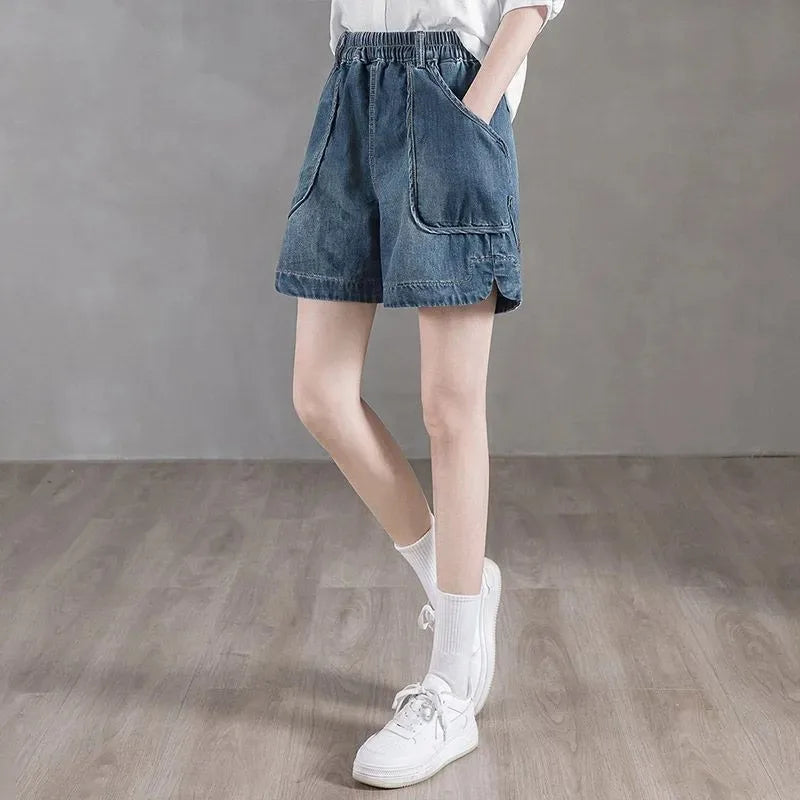 Women's High Waist Elastic Waist Wide Leg Denim Shorts