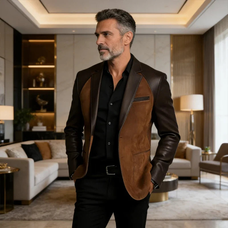 Retro Men's Faux Suede Jacket with PU Leather Collar & Shoulder 2 Buttons Two-Tone Blazer Contrast Trim Coat