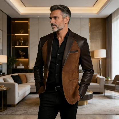 Retro Men's Faux Suede Jacket with PU Leather Collar & Shoulder 2 Buttons Two-Tone Blazer Contrast Trim Coat