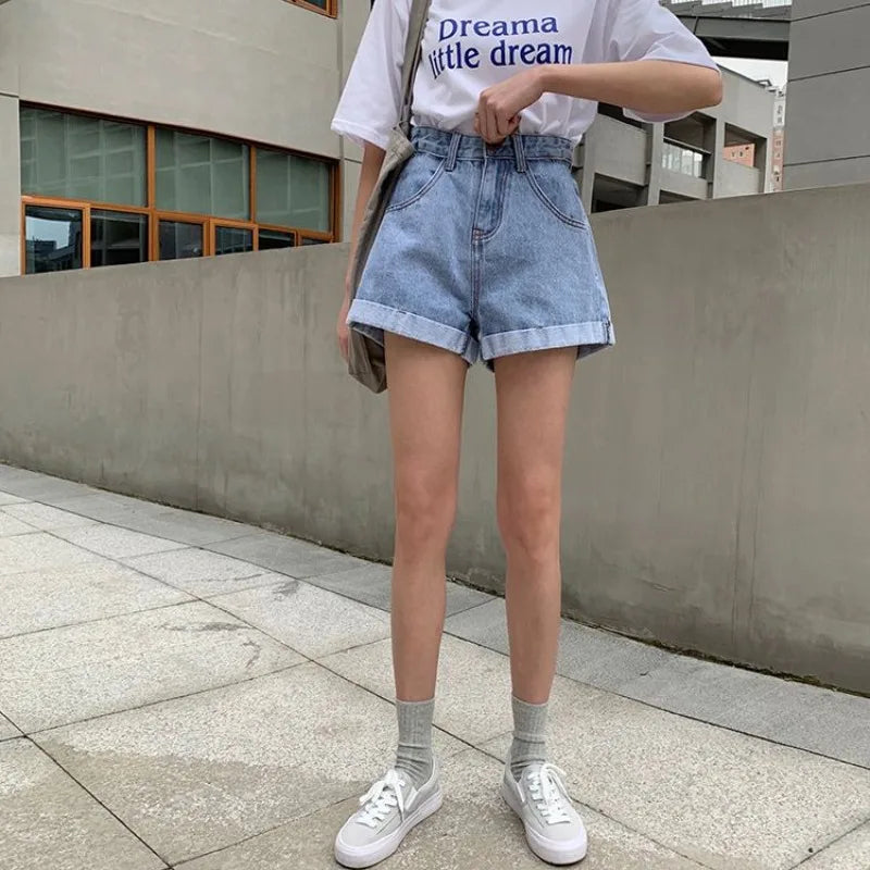 Women's Denim Shorts Wide With Belt High Waist Female Short Jeans Pants Trend 2025 New In Offer Aesthetic Hot Elasticty Outfits