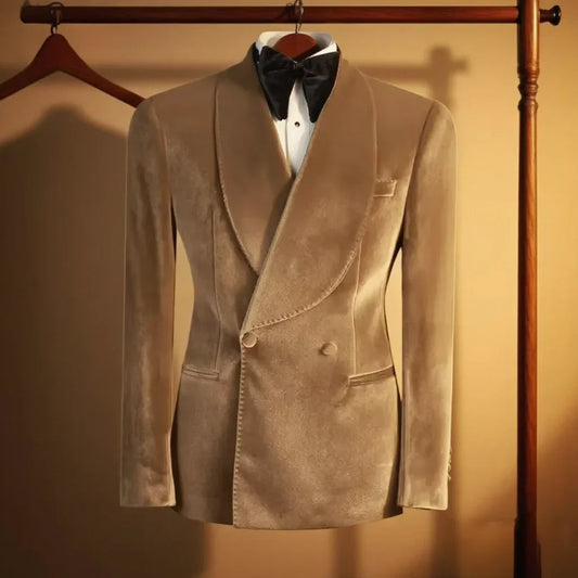 Formal Velvet Men's Suits Blazer Double Breasted Jacket 1 Piece Elegant Slim Fit Male Clothing Wedding Men Business Casual Coats