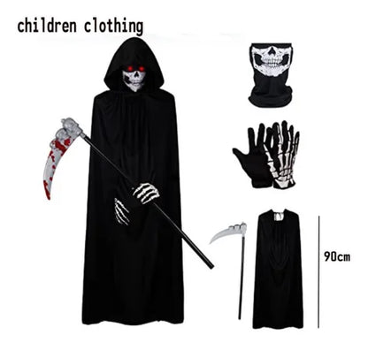 2026Halloween New Party Role Playing Children Adult Death Black Cloak Halloween Skull Ball Costume Prop Set Children Adult Gift