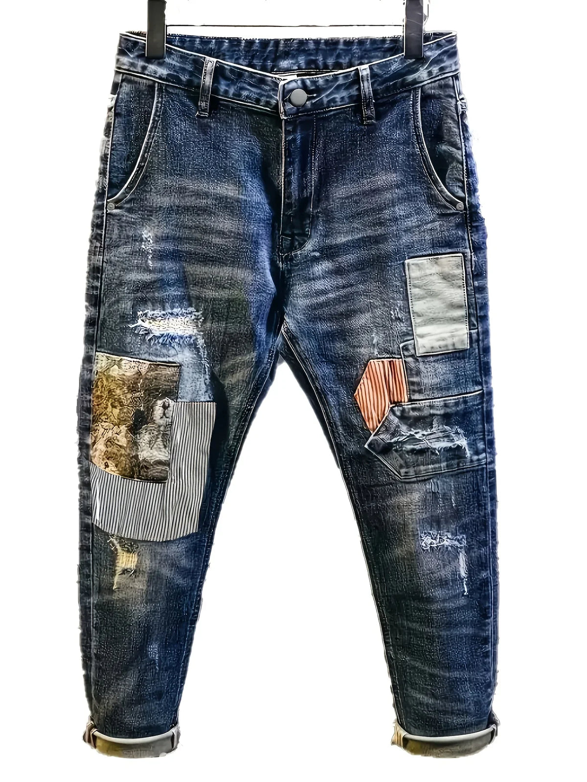 Retro Spliced jeans Men's Trendy Brand Ripped Bear Patch Loose Classic Man Pants Rhinestones Denims Tears Streetwear for Man