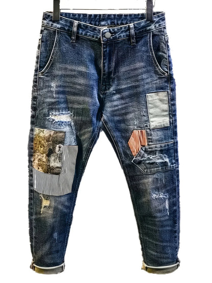 Retro Spliced jeans Men's Trendy Brand Ripped Bear Patch Loose Classic Man Pants Rhinestones Denims Tears Streetwear for Man