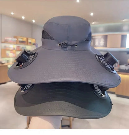 Large Size Quick Dry Bucket Hat with Solar Powered Fan USB Charging Sun Hat for Men Outdoor Hiking Camping Fishing Cooling Wear