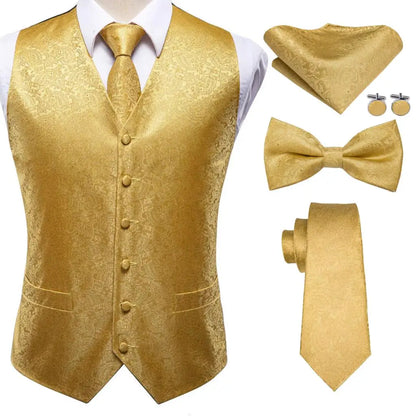Luxury Silk Mens Vests Rose Gold Pink Striped Waistcoat Necktie Bowtie Hanky Cufflinks Set Waist Jacket For Men Wedding
