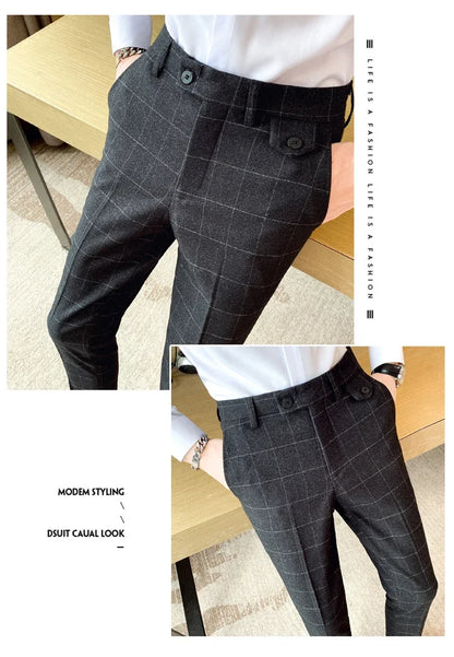 Boutique Classic Plaid and Striped Fashion Men's Casual Business Slim Suit Pants Groom Wedding Dress Trousers Party