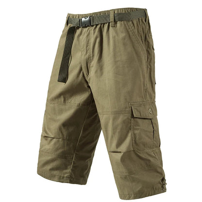 Men's Cargo Shorts 3/4 Casual Running Shorts Below Knee Elastic Waist Hiking Outdoor Jogging Fishing Shorts with a Belt