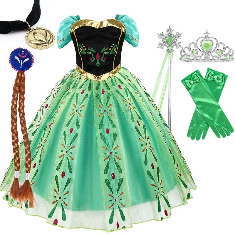 Girls Princess Anna Dress Birthday Party Dresses Halloween Disguise Cosplay Costume Fancy Green Dress Up Fantasia Anna Costumes