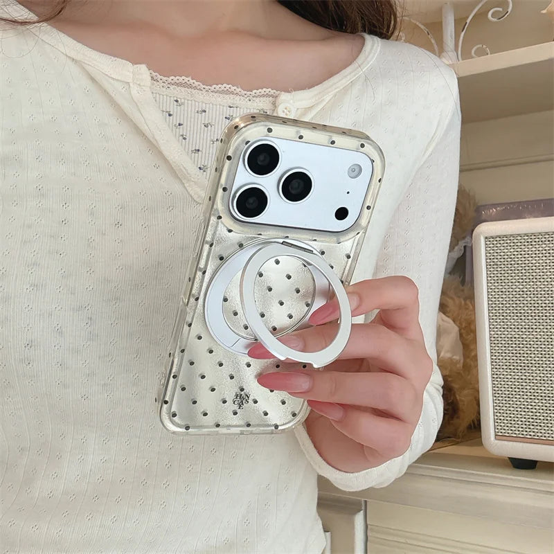 Luxury Polka Dot Ring Stand Holographic Phone Case For iPhone 15 16 17 Pro Max Shockproof Protective Cover