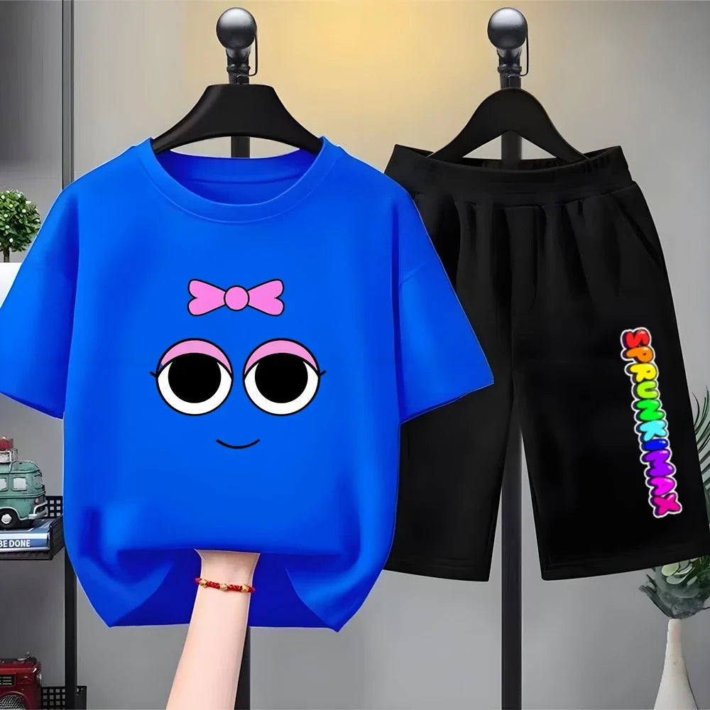 Summer Boys Girls Age 3-12 Tee+Shorts Suit Children Short Sleeve T-Shirts Child Casual Pink Black Clothes Sprunki Graphics