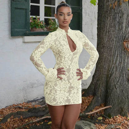 Turtleneck Long Flare Sleeve Patchwork Lace Hollow Out Button Sexy Mini Dress 2025 Spring Women Clothes Party Nightclub