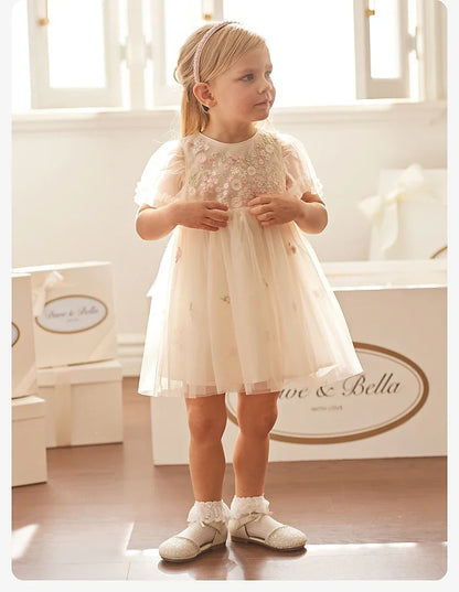 Children's Princess Dress for Girls 2025 New Summer Floral Puff Sleeves Mesh Charm Noble Cute Sweet Party DB2240549