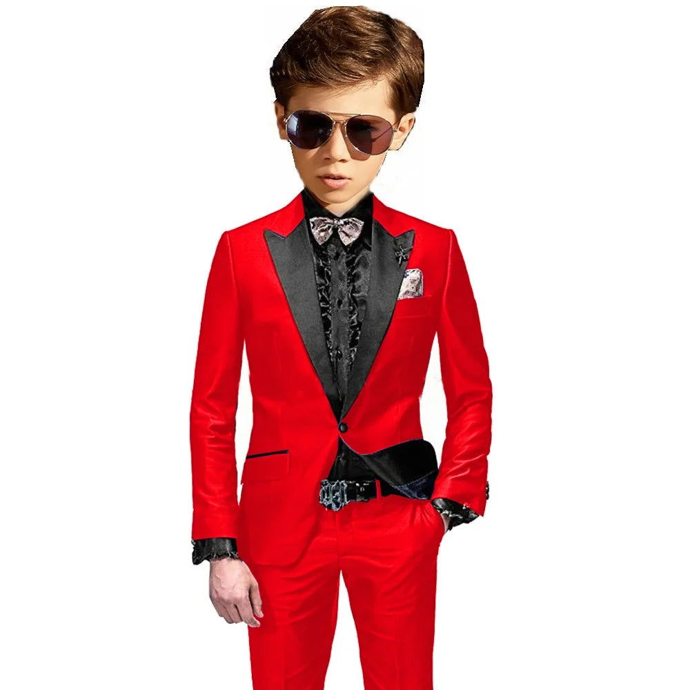 Burgundy Boys Slim Fit Tuxedo 2 Pieces Jacket Pants Formal Party Outfit One Button Peak Lapel Kids Suit Set Wedding Guest Wear