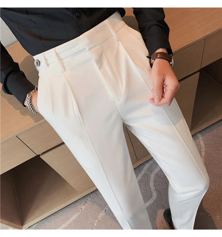 Autumn Winter High Quality Solid Casual Pants Men Belt Design Slim Fit Trousers Formal Office Business Social Party Suit Pants