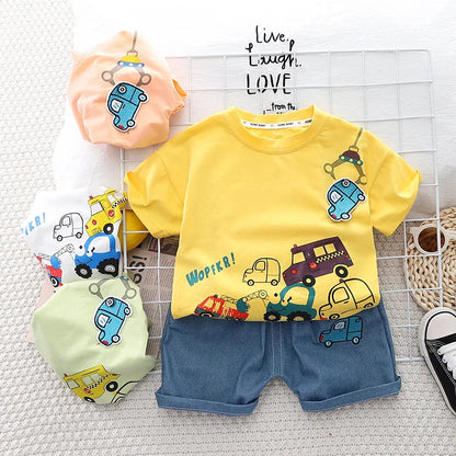 New Baby Boys Clothing Sets Summer Cartoon Car T Shirt +Denim Shorts Toddler Infant Kids Casual Infant Clothes Suits 1-5 Years