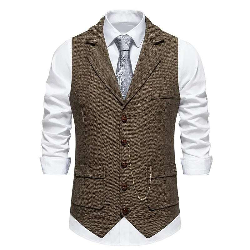 Man Suit Vest British Style Turn Down Collar Male Waistcoat Vintage Single-breasted Business Casual Men Coat Vest