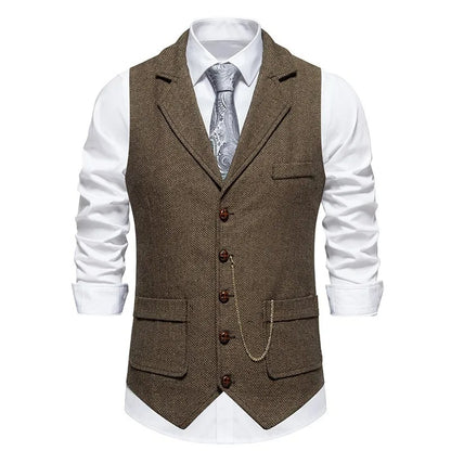 Man Suit Vest British Style Turn Down Collar Male Waistcoat Vintage Single-breasted Business Casual Men Coat Vest