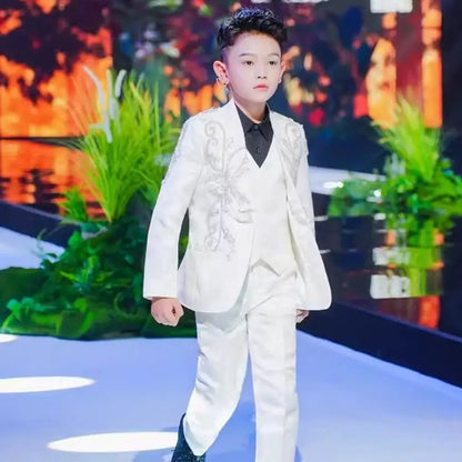New Children's Host Performance Suit Sequin Beads Design Kids Wedding Birthday Party Evening Gown Boys Catwalk Blazer Sets A3381