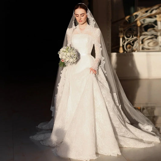 Gorgeous Church Wedding Dresses Customized Full Sleeves V Neck Back Zipper Buttons Sweep Train Arabic Lace Bridal Gown for Bride