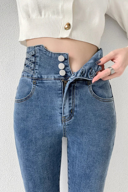 Skinny Pencil Y2K Jeans Four Buttons Vintage High Waist Women Slim Stretch Denim Pants Tight Trousers 2025 Women's Denim Pants