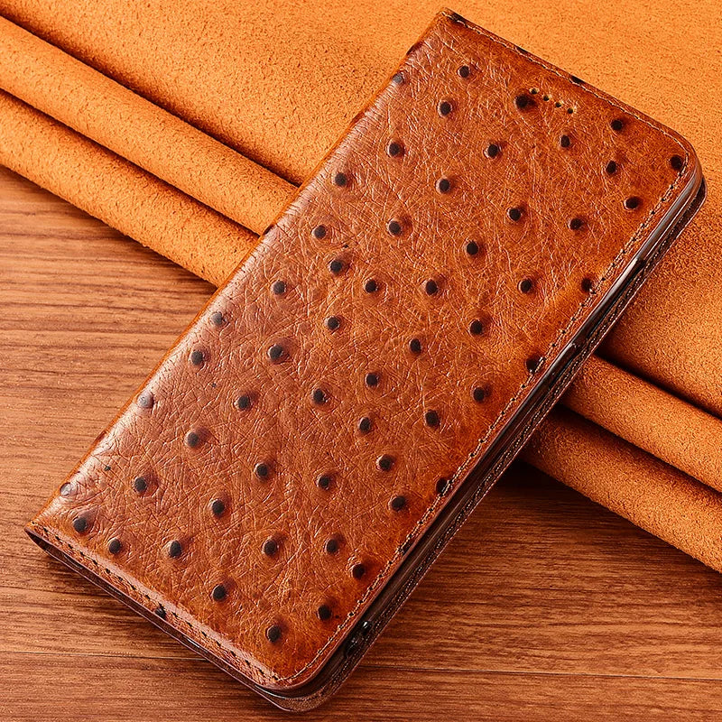 For iPhone 7 8 Plus X XS XR 11 12 13 14 15 16 Pro Mini SE 2020 Max OstrichPoint Genuine Leather Flip Case Wallet Funda Cover