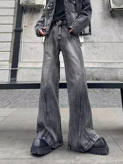 2026Trashy Y2K Streetwear Washed Grey Baggy Stacked Flare Jeans Pants Men 90S Vintage Clothes Hip Hop Luxury Male Long Trousers
