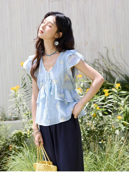 Blue Double-layer Ruffled Linen V-neck Blouse for Women Summer 2025 Slim Flying Sleeve Breathable Lace-up Tops MXE33X1819