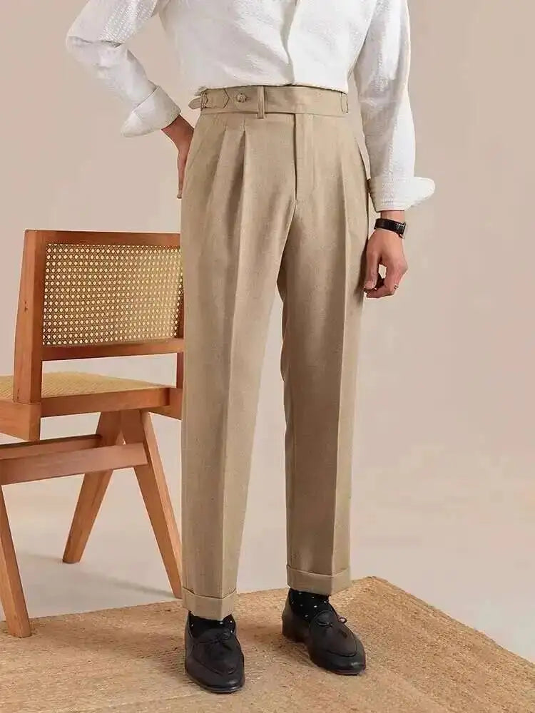 High Waist Linen Suit Pants Men Breathable Straight Leg Office Trousers Men Pantalon Costume Homme Men's Social Trousers