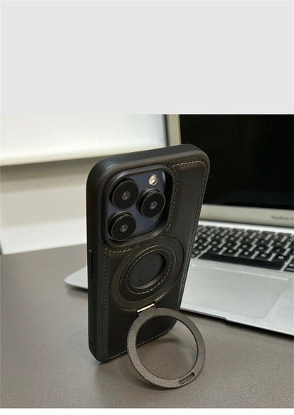 Luxury Magnetic Stand Ring PU Leather Case For iPhone 17 Air 16 Pro Max 15 14 13 12 Magsafe Wireless Charging Hollow Logo Cover