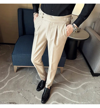 British Style Naples Solid Color High Waist Suit Pants High Quality Men Formal Business Social Party Wedding Casual Trousers