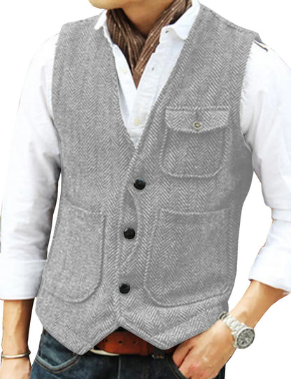 Men's Business Suit Vest Herringbone Tweed V Neck Formal Waistcoat for Wedding Suit or Tuxedo