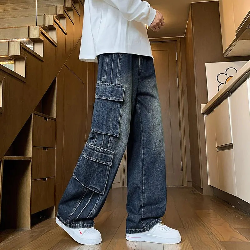 Autumn New Men's Loose Jeans Multi-pocket Work-wearing Jeans Street Hip-hop Straight Wide-leg Pants Baggy Dance Pants