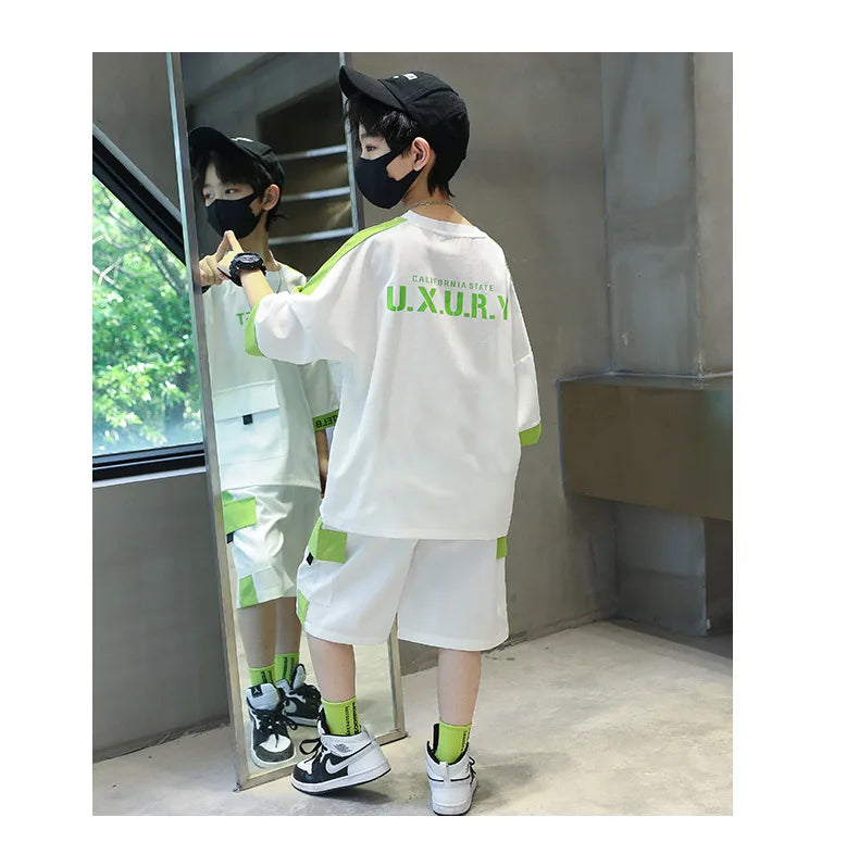 Summer Boys Patchwork Alphabet Half Sleeves T-Shirt Tops+Shorts Pant School Kids Tracksuit Child 2PCS Outfit Workout Set 5-16 Yr