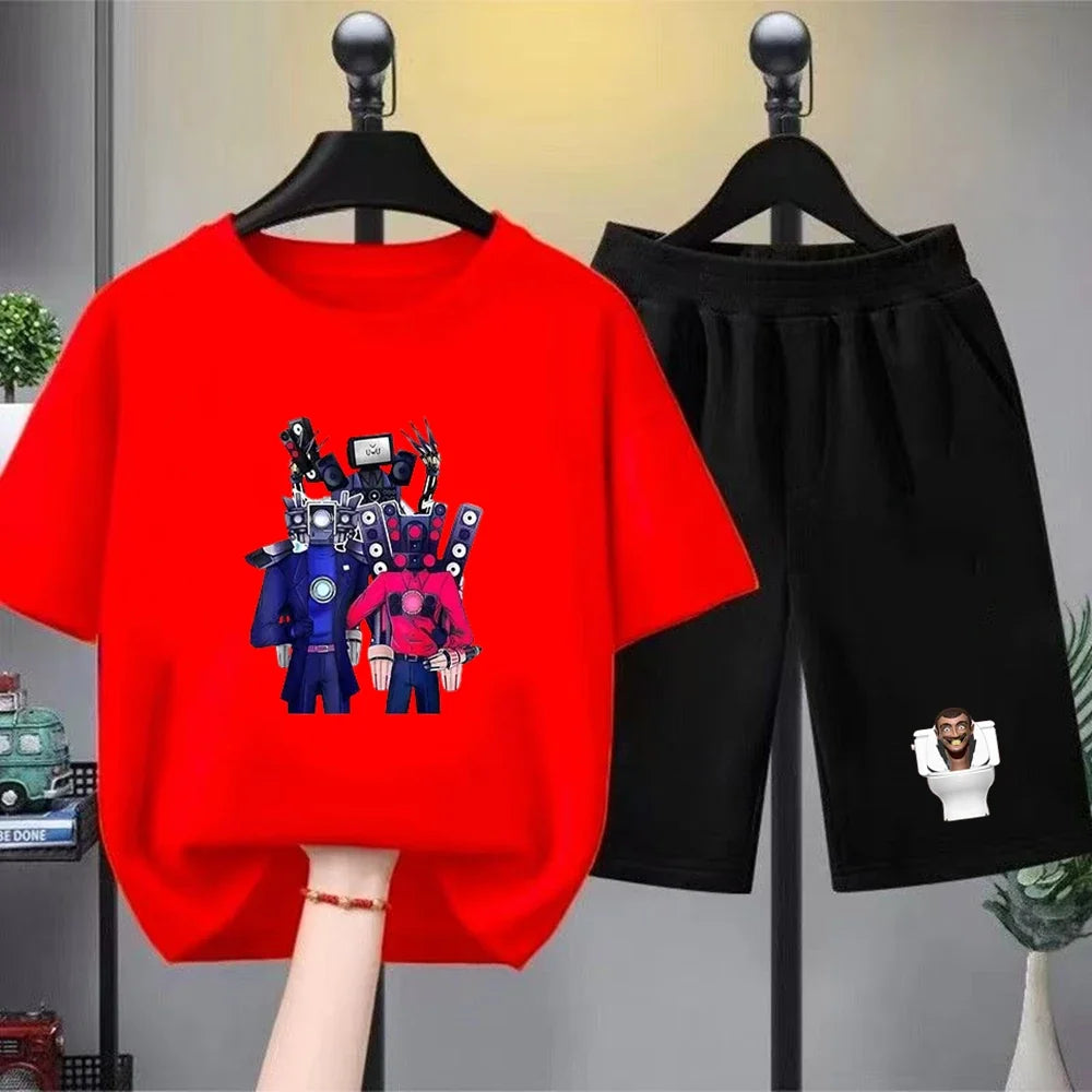Skibidi Toilet Children T-shirt+bottom wear Age 3-12 Girls boy Set black 2pcs Kids Set Print Summer Anime Toilet Monitor Tshirt