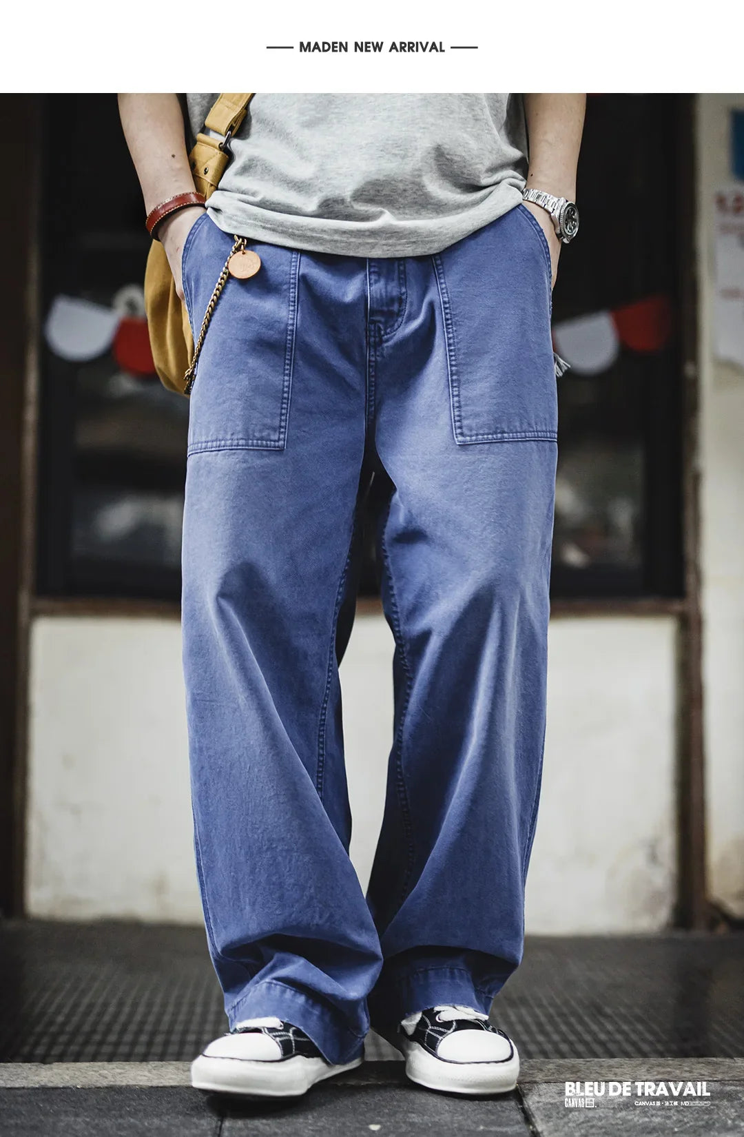 Men‘s Vintage Washed Denim Jeans Blue Cotton Canvas Workwear Zipper Pants Loose Fit Casual Trousers for Spring and Autum
