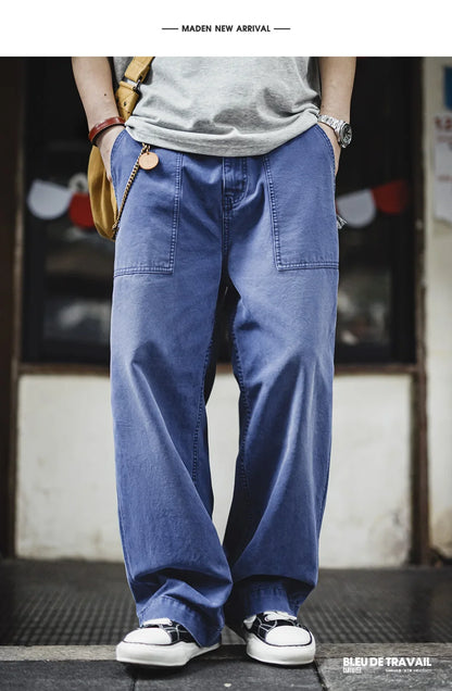 Men‘s Vintage Washed Denim Jeans Blue Cotton Canvas Workwear Zipper Pants Loose Fit Casual Trousers for Spring and Autum