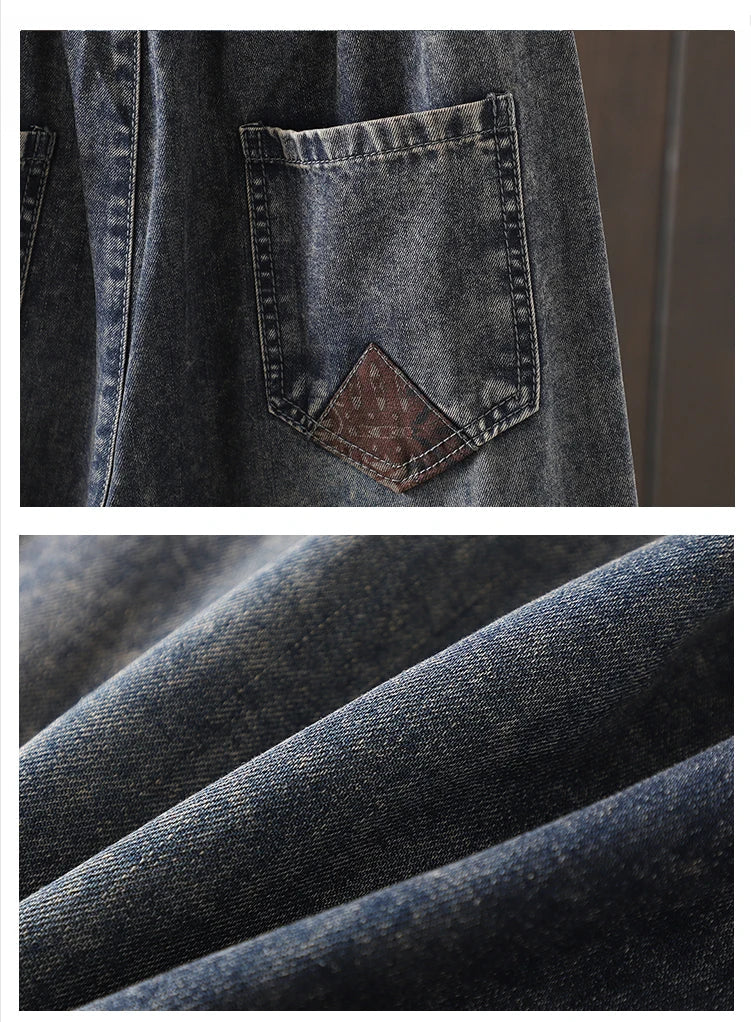 Retro Ethnic Sle Embroidered  Plum Blossom Jeans Women Loose Patchwork Print Nine Points Harlan Pants Spring Sle