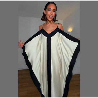 Contrast Black Trim Satin Maxi Dress Deep V Neck Loose Flowy Ruffle Hem Lady Long Gown 2026 Summer Formal Chic Vacation Dresses