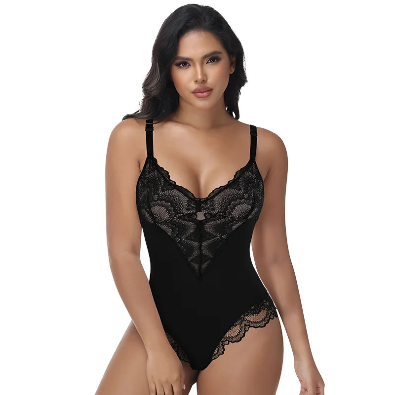 Womens Deep V Neck Bodysuit Sexy Lace Body Shaper Shapewear Slimming Thong Tummy Control Corset Breathable Brief Soft Underwear