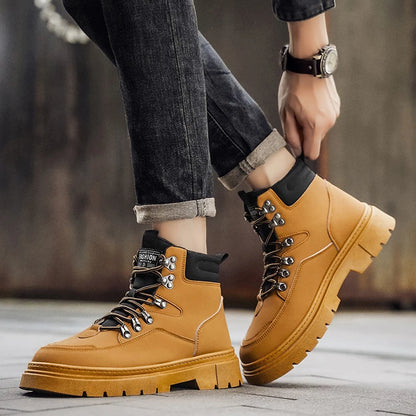 New Men's Leather Boots Brand Retro Comfortable Boots for Men 2026 Fashion High Top Non Slip Casual Shoes Business Work Shoes