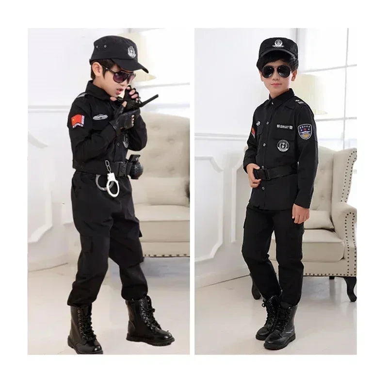 Nieuwe Cosplay Kids Politie Kostuums Kids Kerstfeest Carnaval Uniform Politie Halloween Jongens Leger Politie Kleding Cadeau Set