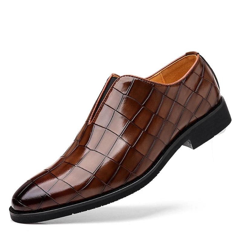 Mens Classic Temperament Brown Crocodile Embossed Leather Loafers Slip On Formal Dress Shoes For Business Office And Casual Wear