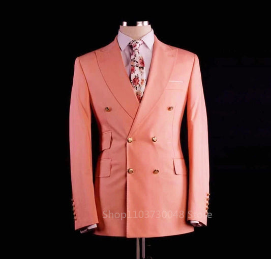 Solid Blazer for Men Peak Lapel Double Breasted Dinner Prom Jacket Elegant Smoking Slim Fit Suit Coat for Wedding/Business