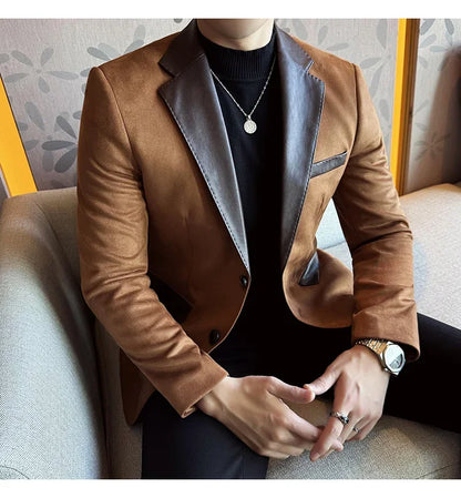 High Quality Deerskin Velvet Splicing Leather Collar Suit Blazers Men Casual Business Slim Coats Mens Social Wedding Clothing